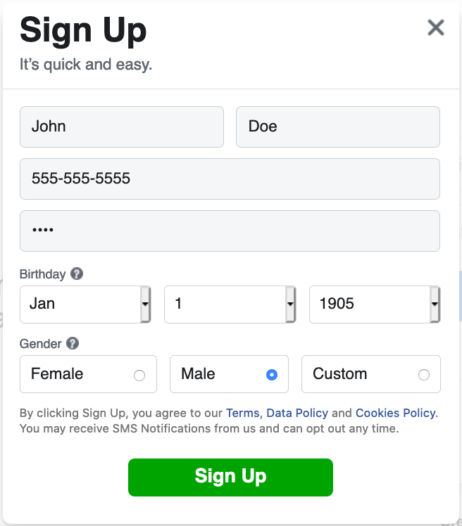 Facebook sign up window with fake information entered