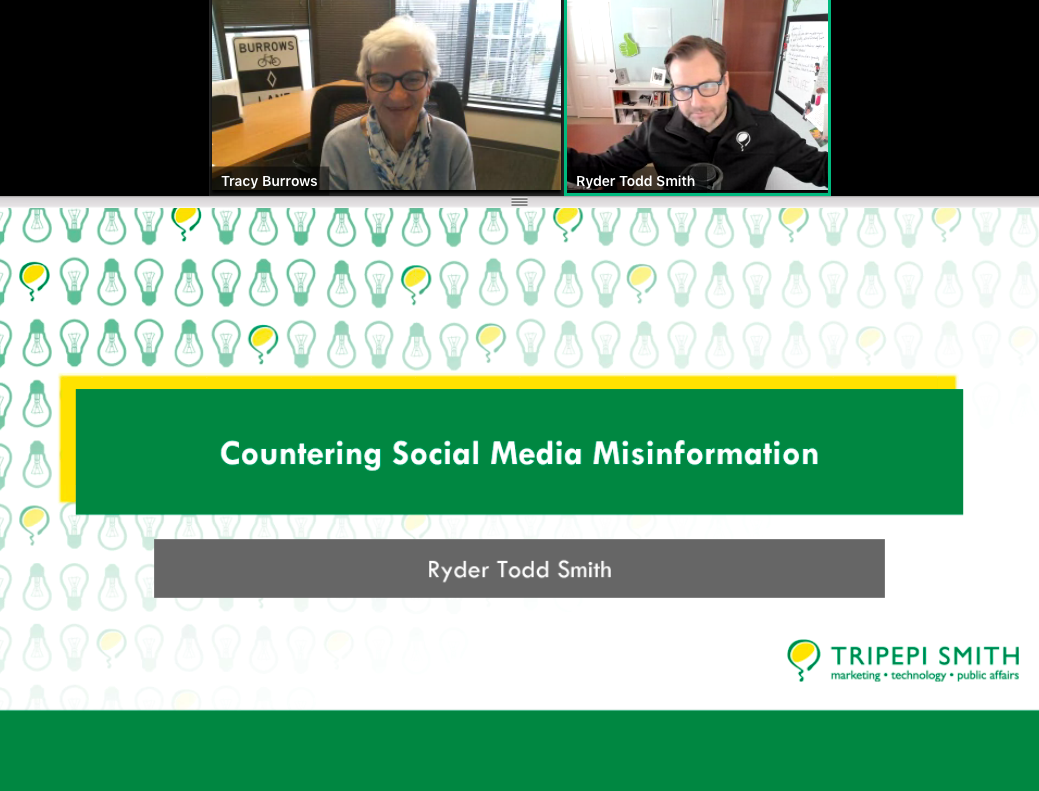 Tracy Burrows and Ryder Todd Smith with the opening webinar slide that reads "Countering Social Media Misinformation."