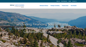 The NHA Advisors Home Page, which includes a photo with the text, "Providing Financing Solutions and Comprehensive Financial Strategies to California Public Agencies", and a menu bar that includes "Municipal Advisory", "Strategic Consulting", "Practice Areas" and "Case Studies".